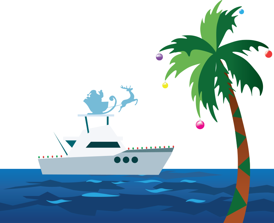 illustration with a boat on the water with a palm tree with holiday lights